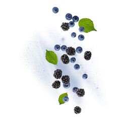 Fresh blueberries and blackberries dewberries and with leaves flying falling - obrazy, fototapety, plakaty
