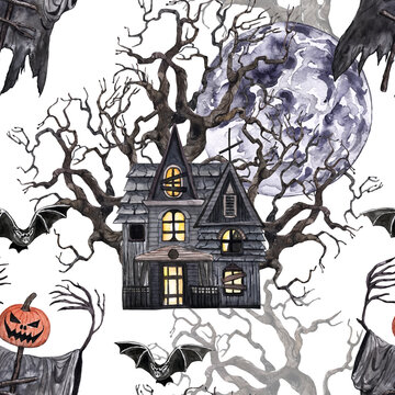 Halloween night scene seamless pattern. haunted house, spooky scarecrow, bats on white background. Scary holiday print. Watercolor hand drawn illustration in vintage goth style.