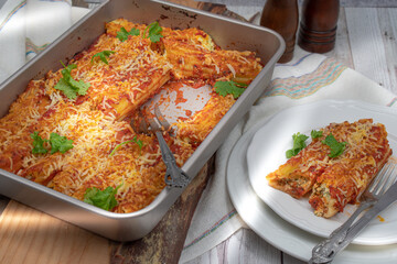 Vegetarian manicotti filled with cottage cheese, dill