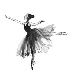 Watercolor isolated dancing ballerina. Hand drawn classic ballet performance. Painting young dancer woman in black dress. - 454746264