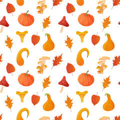 Autumn beautiful seamless pattern. Pumpkins, mushrooms, autumn red leaves, vector cartoon illustration