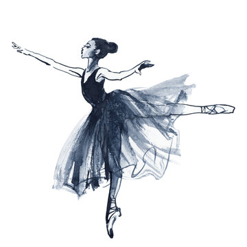Watercolor isolated dancing ballerina. Hand drawn classic ballet performance. Painting young dancer woman in dark blue dress.