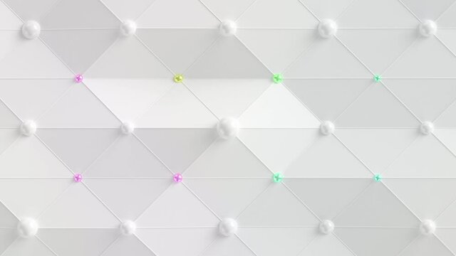 Minimal Spheres Loop 1 Multicolor: elegant white mesh background with pearl white spheres and small shiny rainbow color changing balls in red, green, blue, pink and pink. Beautiful backdrop. 
