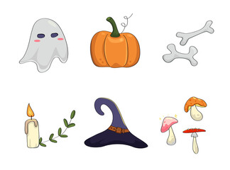Vector set of autumn Halloween elements. Halloween cliparts with traditional symbols Perfect for party invitation, greeting card, flyer, banner, poster.