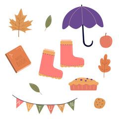 Pack of autumn objects in hand drawn style. Seasonal elements.