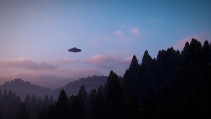 3D illustration. UFO over the mountains - obrazy, fototapety, plakaty
