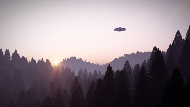 3D illustration. UFO over the mountains