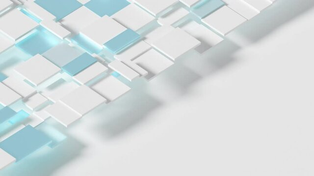 Elegant Dynamic Squares Loop 2 Blue x White: grid of square and rectangle shapes moving gently up and down, on half of the screen. Empty copy space on the right. Cool blue and white thin cubes. 
