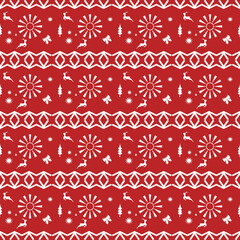 Seamless abstract graphic of white color of twelve-pointed cog, deer, ribbon and link line on red background. Vector design creative for fabric, wrapping, textile, wallpaper, apparel for Christmas Eve