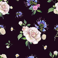 Seamless watercolor pattern with light Roses, clower and meadow flowers on the Dark Background.