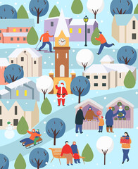 Winter city with people.Сhristmas in the park. Big set of people in winter. People walking,  skating, skiing, making a snowman, walking. Flat cartoon vector illustr