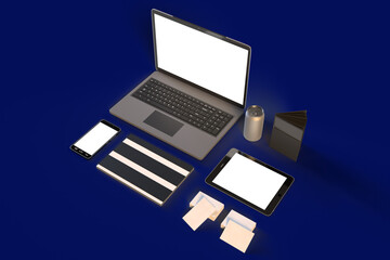 3D illustration.Office workplace with laptop, notebook, office supplies and stationery on blue background. Solution, business planning, creative, design, learning, start up or working flat lay.
