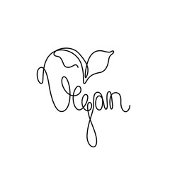Vegan with leaf emblem or logo design, continuous line drawing, hand lettering small tattoo, print for clothes, t-shirt, one single line on a white background, isolated vector illustration.