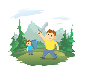 Children play sword fighting in nature. Forest and mountain landscape in the background. Vector illustration isolated on white.