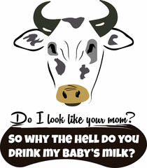 Adorable illustration featuring a cow asking humans why they drink her milk if she's not their mother. It's a vegan concept illustration to bring awareness to people who still consume dairy products.
