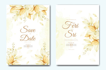 wedding invitation card with leaves watercolor