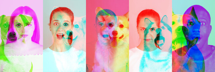 Set of conceptual images with young adorable women, man and purebred dog isolated over colored background with glitch effect, split personality. Art collage