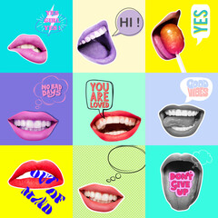 Modern design, contemporary art collage. Inspiration, idea, trendy urban magazine style. Set made of images of female lips and speech bubbles on multicolored background.