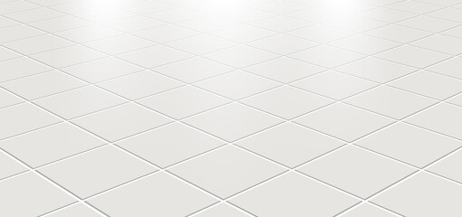 Ceramic tiles in the kitchen or bathroom on the floor 3d. Realistic white square terracotta. Perspective and light - vector illustration. - obrazy, fototapety, plakaty