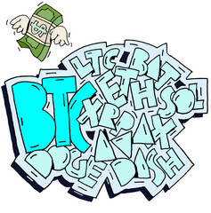 Cryptocurrency icons used in blue written with fun character and cloud icon on the ground