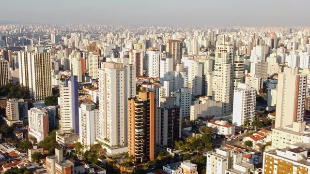 Sao Paulo City Brazil. Aerial dolly in movement over the highrise apartments and skyscrapers.