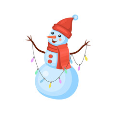 Snowman wearing in hat and scarf with garland. Concept of winter and christmas banner, sticker label and greeting card.