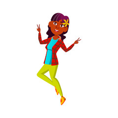 Girl Teen Happiness Jumping On Festival Vector. Hispanic Teenager With Flower In Hair Happy Jumping On Celebrative Event And Gesturing Peace. Character Positive Emotion Flat Cartoon Illustration