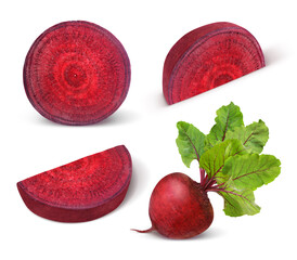 Beetroot with leaves, fresh whole_and sliced beet isolated on white background. Set. Collection. - obrazy, fototapety, plakaty
