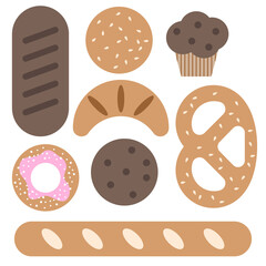 Vector set of bakery products. Bread, baguette, croissant, donut, pretzel, muffin, pancake, cookies, sesame seed bun. Vector elements isolated on white background.
