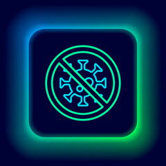 Glowing neon line Stop virus icon isolated on black background. Corona virus 2019-nCoV. Bacteria and germs, cell cancer, microbe, fungi. Colorful outline concept. Vector
