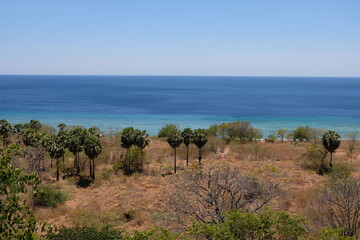 Remote coastline of turquoise ocean and golden brown terrain on tropical island Atauro Island, Timor Leste, Southeast Asia