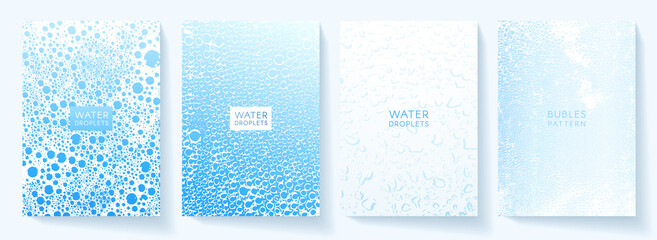 Water cover design set. Background with water drops pattern (bubbles). Blue vector template for drink menu, invite, brochure template, flyer