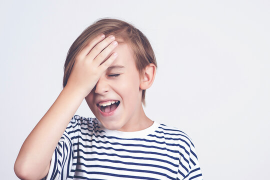 Unhappy Kid Forgetting Something. Face Emotion And Expression. Back To School And News. Oh No. Boy Thinking About Mistakes.