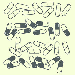Fototapeta na wymiar Capsule varian pattern on soft yellow background. Cosmetic vitamin capsule or oil pill. Vector seamless pattern