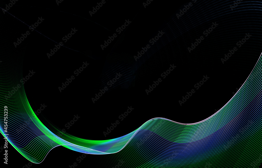 Poster blue and green stripes create a wavy surface against a black background. abstract fractal background