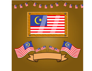 Malaysia Flags On Frame Wood, Label. Simple Gradient and Vector Illustration