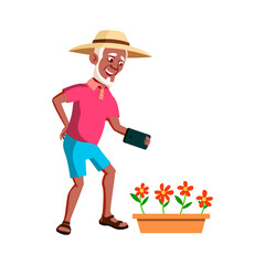 Old Man Photographing Flowers In Garden Vector. Happy Aged Pensioner Guy Making Photo Growing Flowers On Mobile Phone Camera. Character Using Electronic Gadget Flat Cartoon Illustration