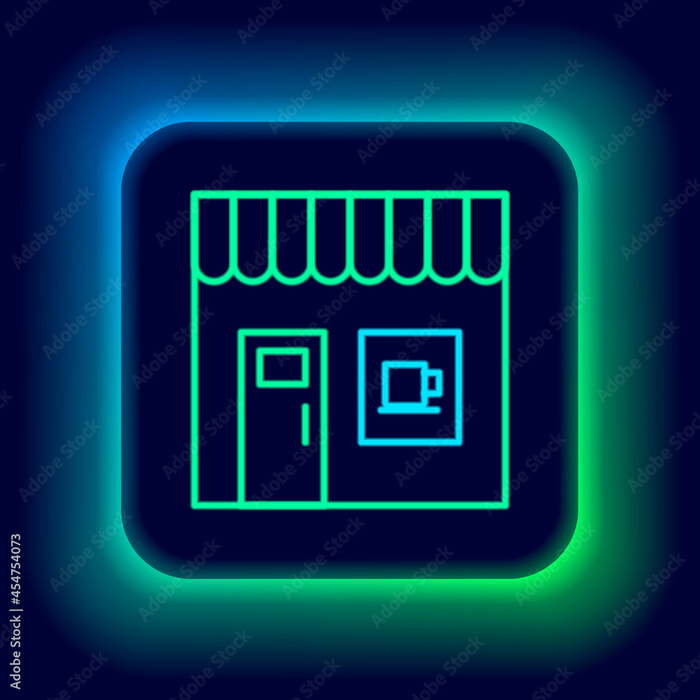 Sticker Glowing neon line Coffee shop icon isolated on black background. Colorful outline concept. Vector