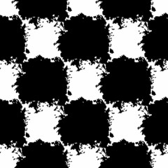 Fototapeta premium Vector Square Brush Seamless Pattern Plaid Grange Minimalist Check Geometric Design in Black Color. Modern Grung Collage Background for kids fabric and textile