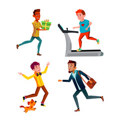 Teen Boys Hurry Running And Exercising Set Vector. Teenager Hurry Running At Work And Birthday Party With Gift, Happy Run In Park With Animal And Training. Characters Flat Cartoon Illustrations