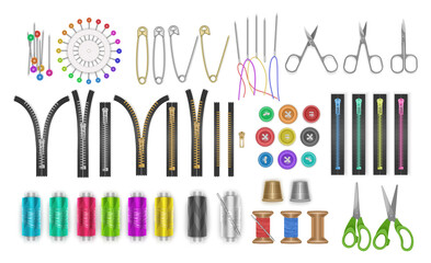 Fototapeta na wymiar Needlework concept. Various sewing tools. Needles and scissors machine or buttons, spools, threads colored vector set. Cartoon style, flat design. elements oh white