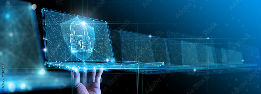 Leinwandbilder Hand show virtual laptop computer with CYBER SECURITY Business technology Cyber Security Firewall  and Antivirus Alert Protection Security with Cybersecurity and information technology.