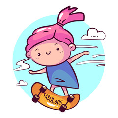 Cute girl on skateboard in kawaii style. Girl enjoying her free time. Girl skateboarder. Kawaii life style.