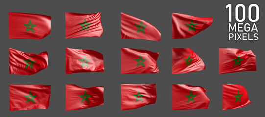 many various pictures of Morocco flag isolated on grey background - 3D illustration of object