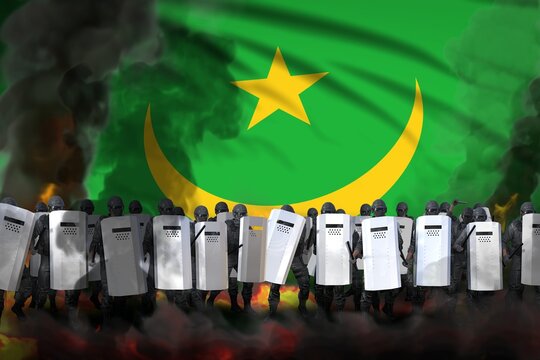 Mauritania police officers in heavy smoke and fire protecting order against mutiny - protest stopping concept, military 3D Illustration on flag background
