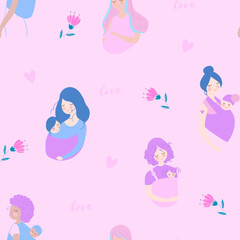 I love you. Pregnant girl. Future mom and her baby. Seamless pattern with mother and children. Mothers day background.