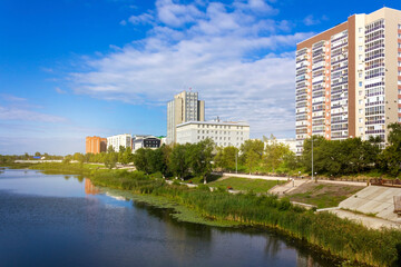 The view of Kurgan city promenade near the Tobol river. 
