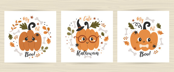 Set of posters with cute pumpkins.