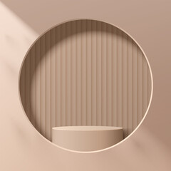 Abstract beige 3D cylinder pedestal or stand podium in circle window on the wall. Light brown Modern minimal scene for cosmetic product display presentation. Vector geometric rendering platform design