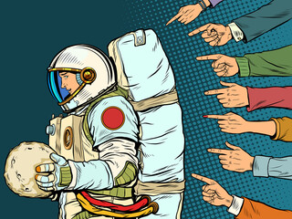 A guilty astronaut with a planet in his hands. Everyone criticizes the cosmonaut